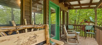 Quaint, heavily forested cabin, mountain valley view.