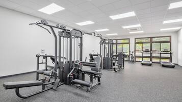 A gym with various exercise machines, large windows, and a carpeted floor.