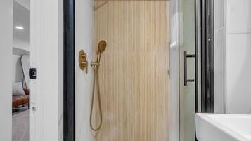 Hair dryer, towels, soap, shampoo