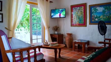 Smart-TV, bøker og stereoanlegg