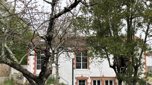 A white building with red brick accents, a staircase leading to the entrance, and a garden area with various plants and flowers. - Pretty, quiet vacation home with wooded garden  (Perigny)