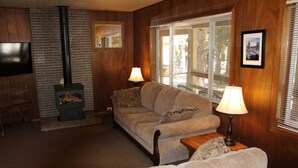 Una sala de estar con chimenea, un sofá, un televisor y una lámpara.