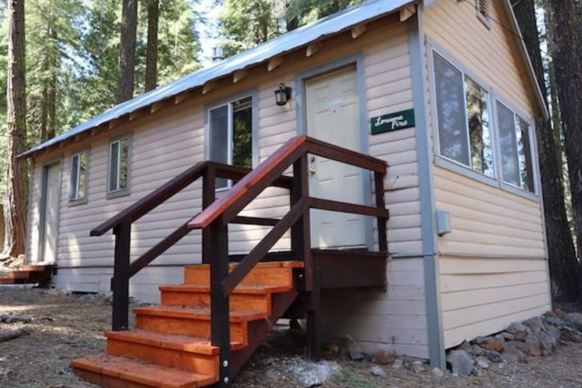 Una cabaña pequeña con una escalera de madera que lleva a una puerta con la inscripción 'Lodge Pine'.