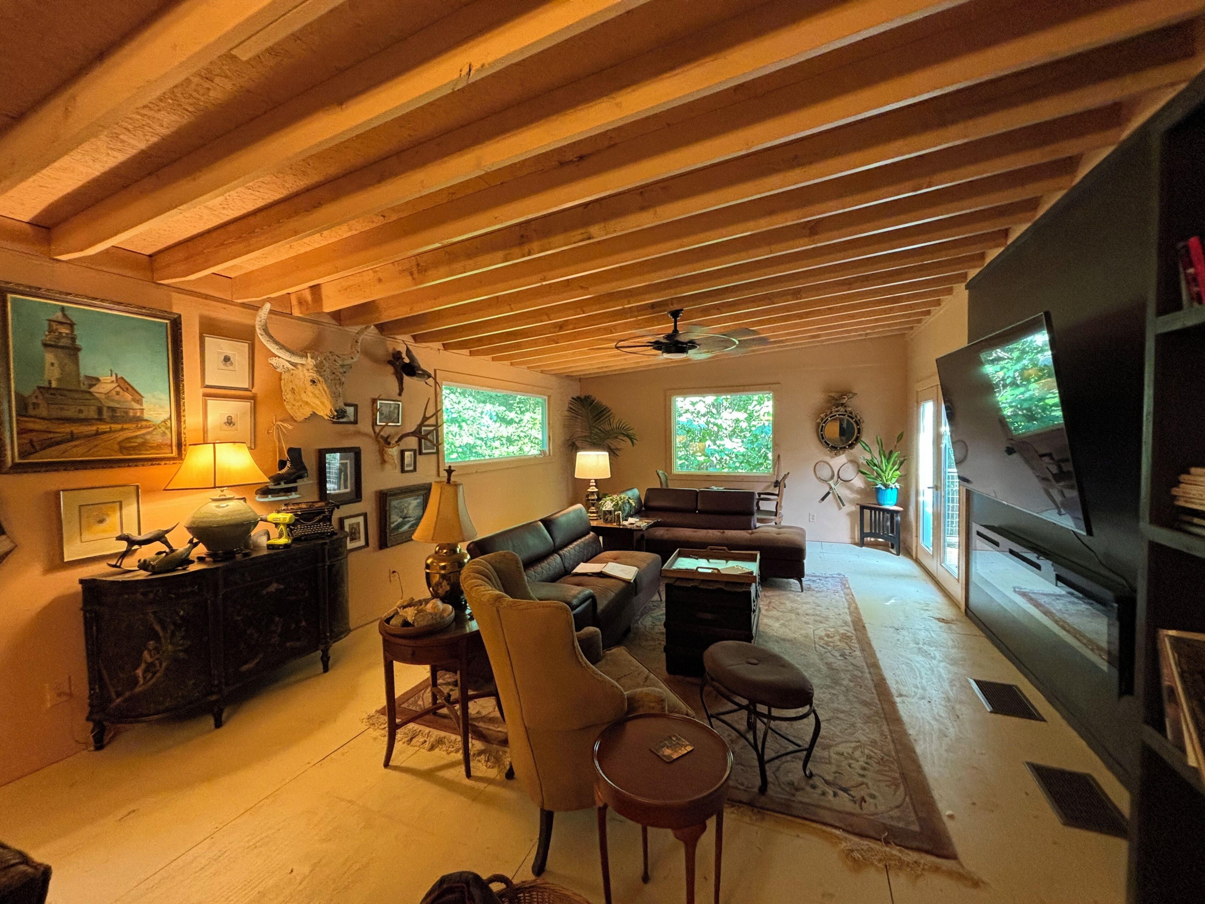 TV connectée, cheminée, livres