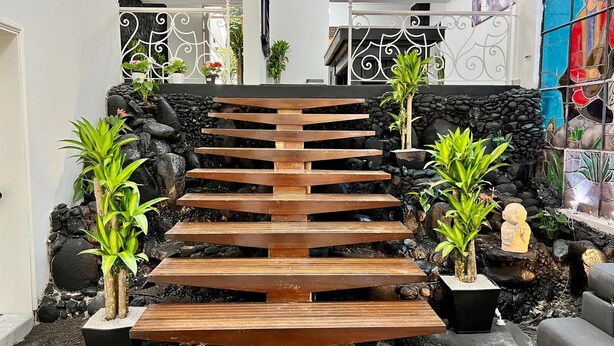 A modern staircase with wooden steps, surrounded by potted plants and a stone wall.