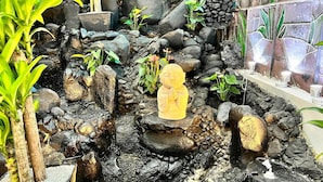 A rock garden with a Buddha statue, surrounded by various plants and a stone wall.