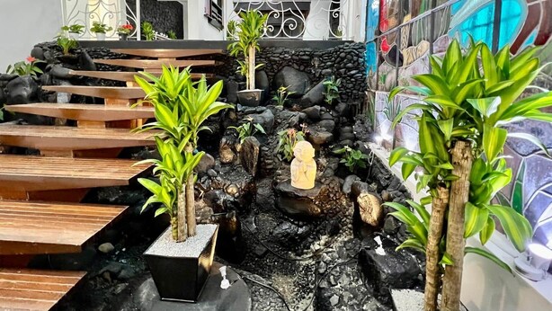 A modern interior with a stone waterfall feature, wooden steps, and potted plants.