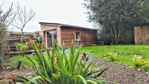 A wooden cabin with a door and windows, surrounded by a grassy yard and various plants.