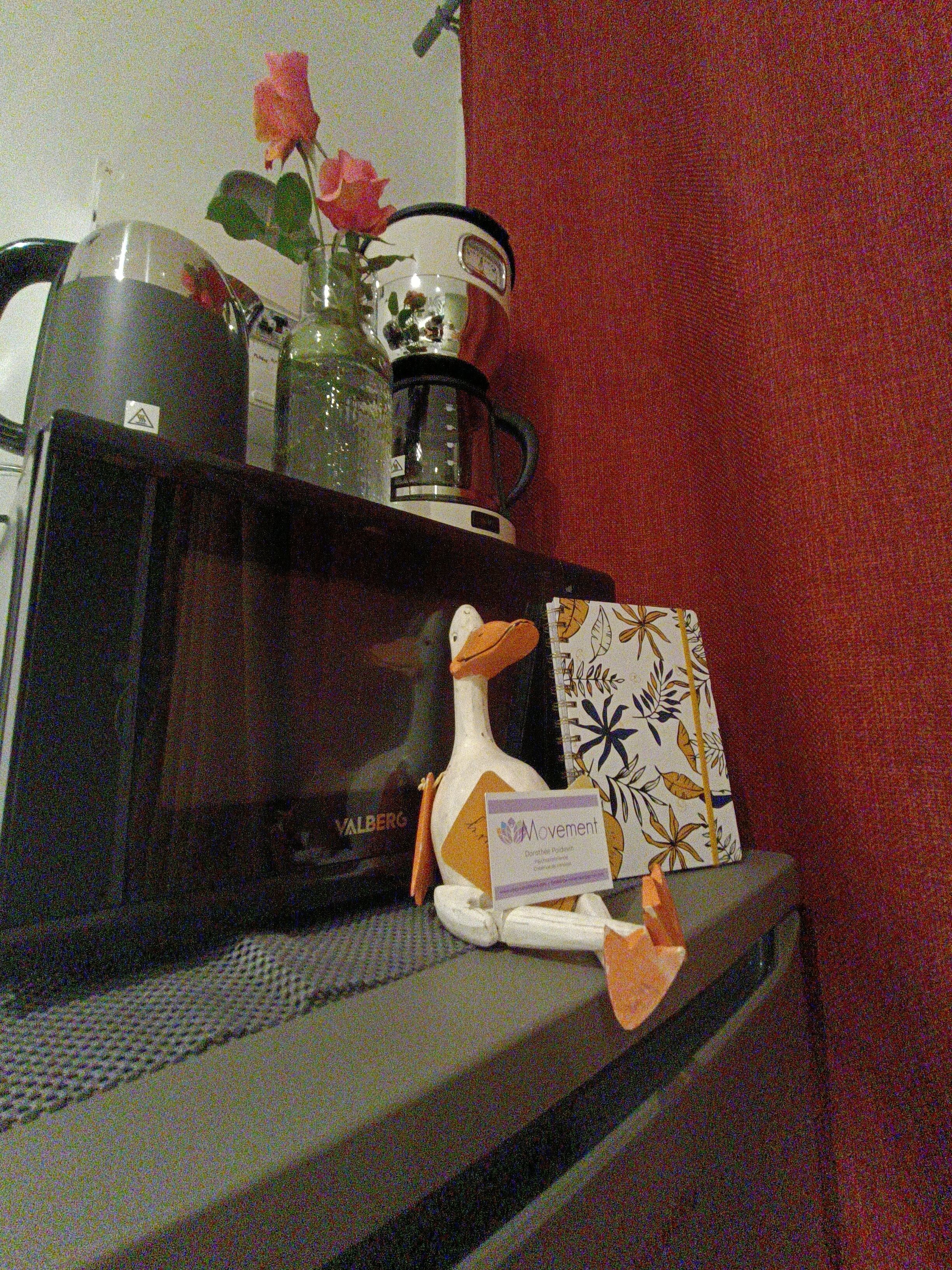 Een magnetron, een koffiezetapparaat, een vaas met een roos en een eendbeeldje op een plank.