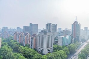 Un paisaje urbano con rascacielos, una arboleda densa y una transitada carretera.