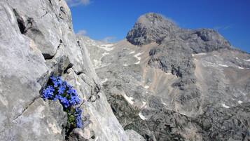 A rocky mountain landscape with a prominent peak and patches of snow.