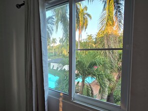 A window with a view of a swimming pool surrounded by palm trees and greenery.