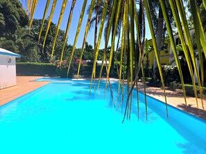 Una piscina con agua cristalina azul, rodeada de palmeras y follaje.