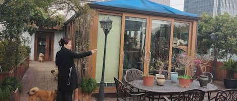 Een overdekt terras met een tafel en stoelen, omringd door potplanten en een hond.