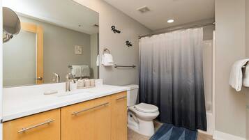 Hair dryer, towels, soap, shampoo