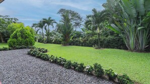 Um jardim bem cuidado, com um caminho de cascalho, diversas plantas tropicais e um céu limpo.