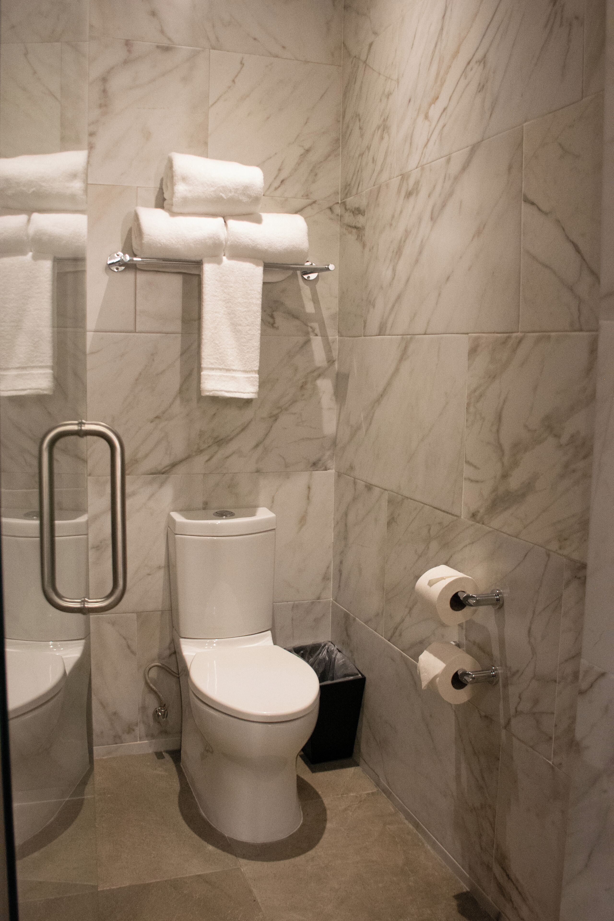 Un baño con inodoro, pasamanos y un cubo de basura.