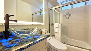 Hair dryer, towels, soap, shampoo