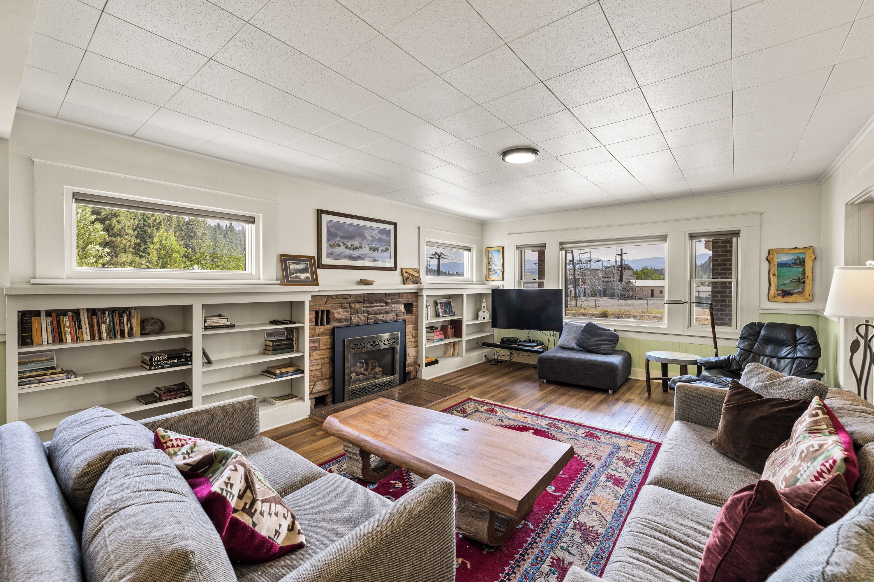 Smart TV, fireplace, books, stereo