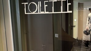 Una puerta de cristal con la palabra "TOILETTE" en letras blancas.