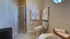 Ein Badezimmer mit Dusche, Toilette und Badewanne.