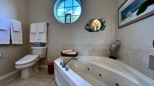 Hair dryer, bidet, towels, soap