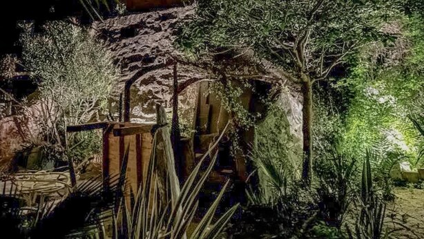 Ein Garten mit einer Steinstruktur, möglicherweise einem Brunnen, umgeben von verschiedenen Pflanzen und Bäumen.