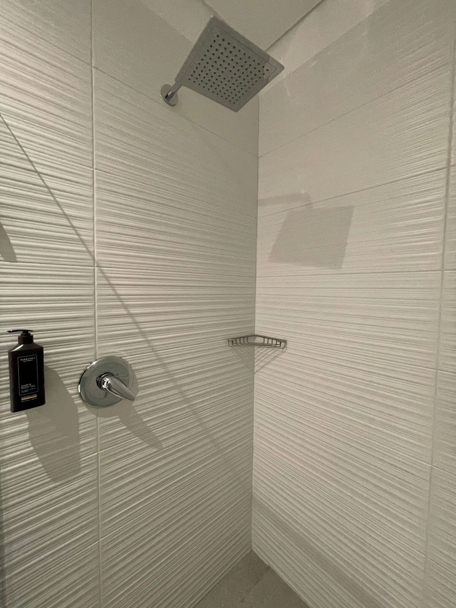 Eine moderne Dusche mit Handbrause, Seifenspender und Duschwanne.