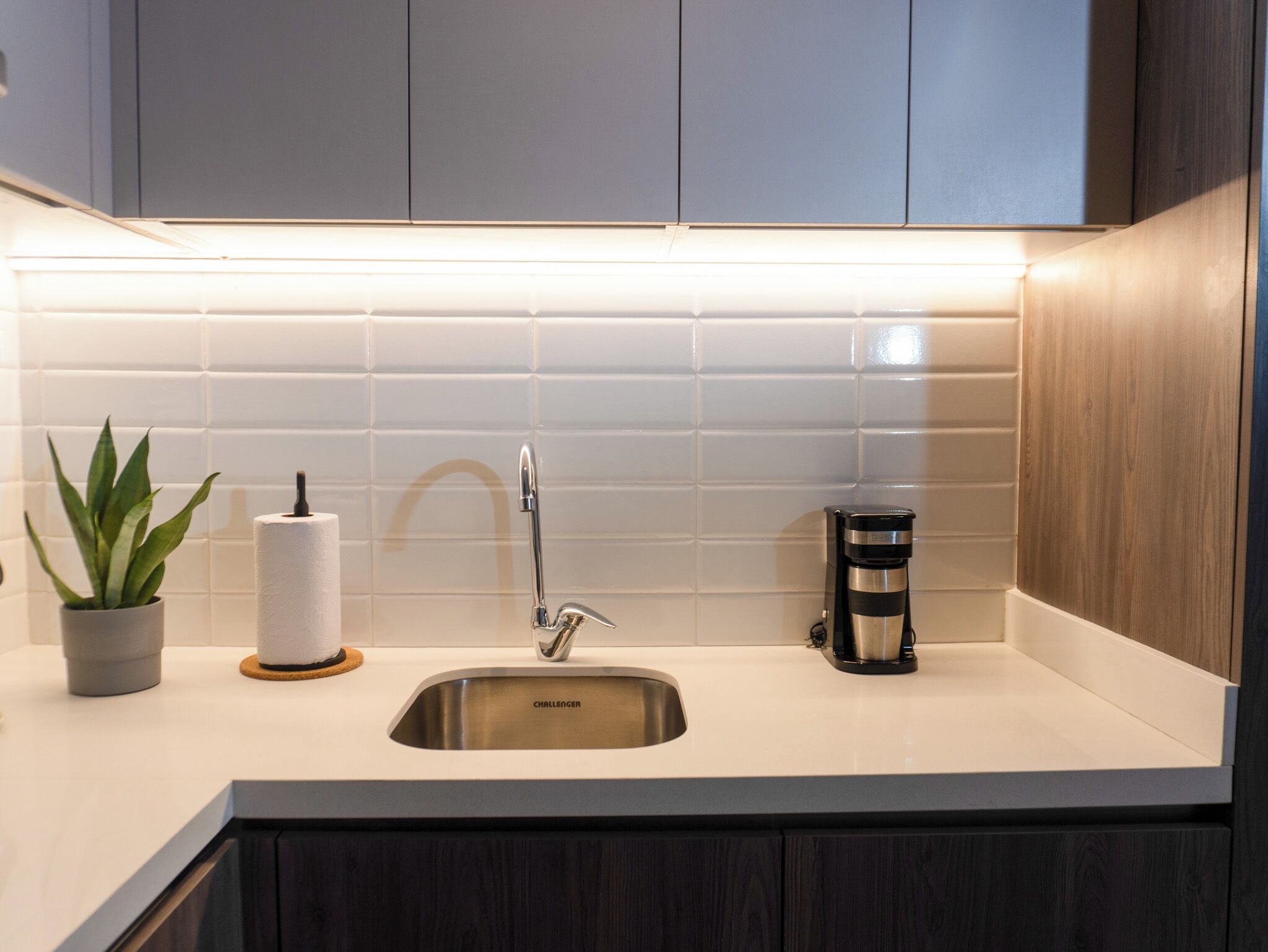 Una cocina moderna con un lavamanos de acero inoxidable, una cafetera y una planta en maceta.
