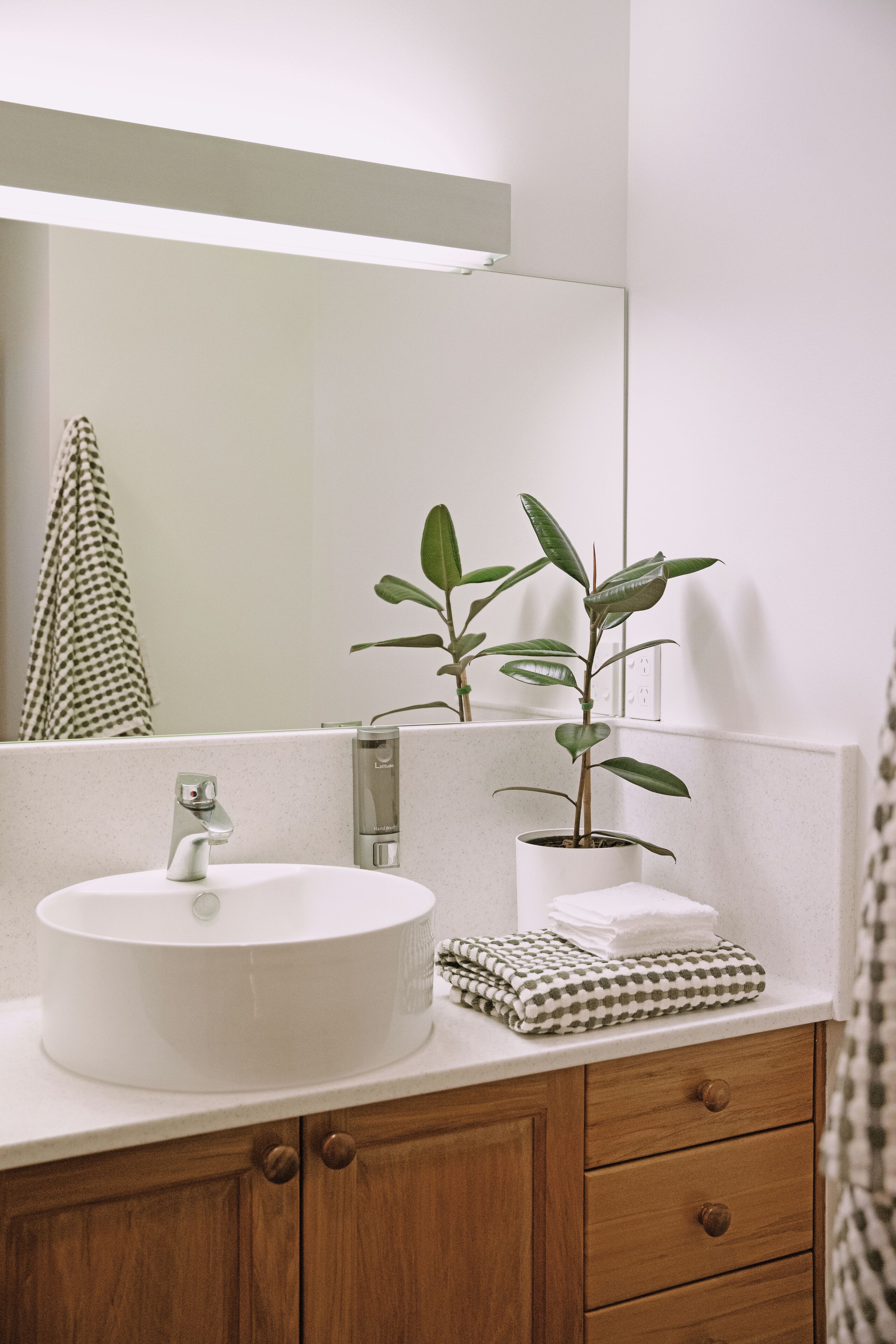 A bathroom with a round white sink, a mirror above it, a potted plant, and a towel on the counter.