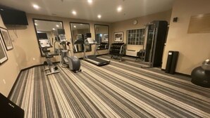 Un gimnasio con cintas de correr, bicicletas estáticas y máquinas de pesas.