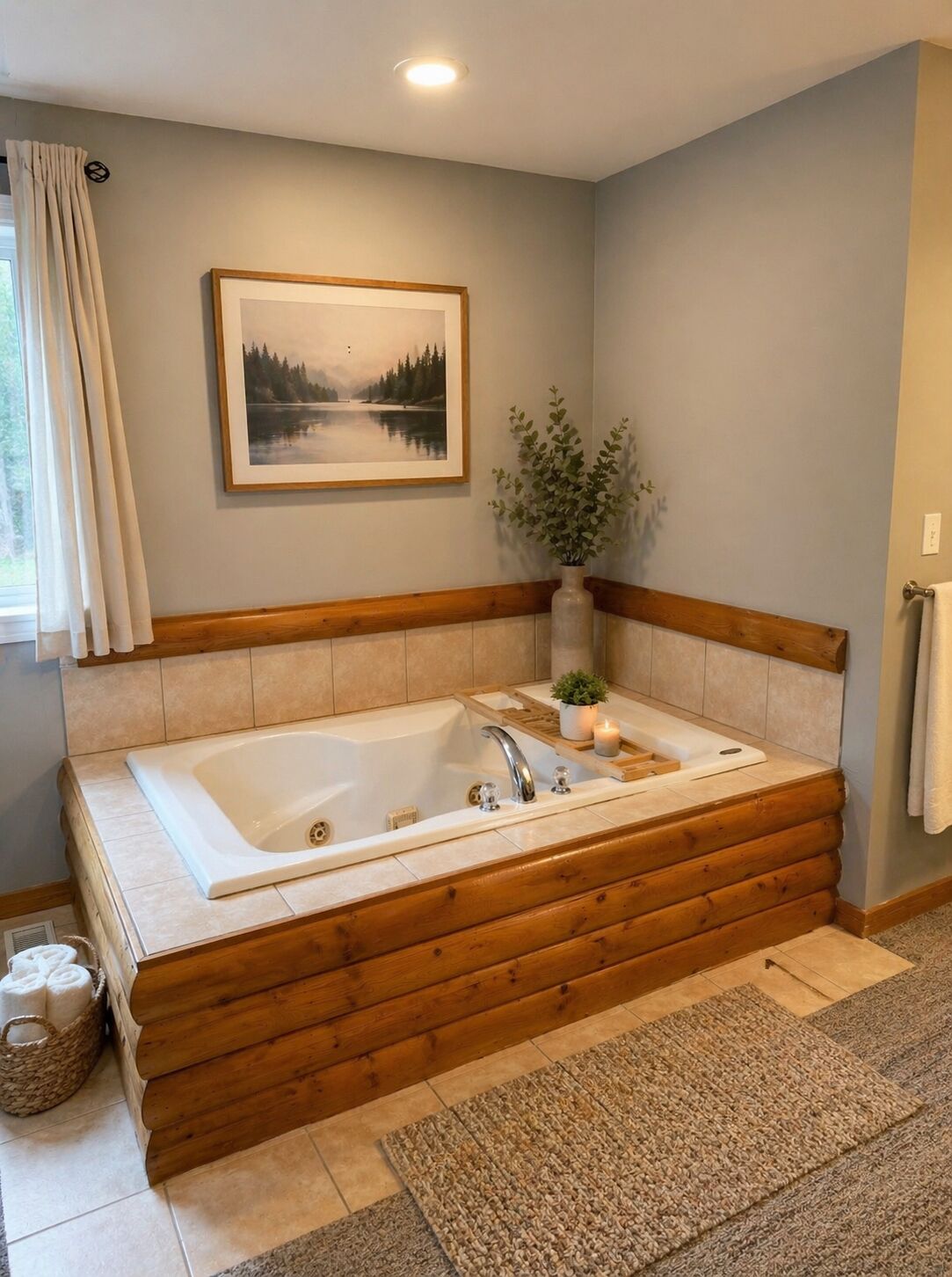 A bathroom with a large wooden bathtub, a framed landscape painting, and a potted plant.