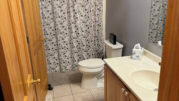 Regadera, tina de hidromasaje, secadora de cabello, toallas