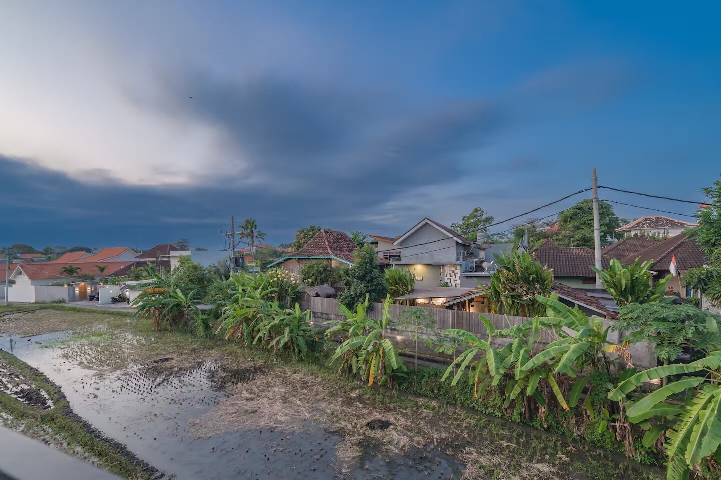 A residential area with houses, a small water body, and lush greenery.