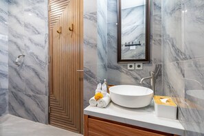 Buồng tắm vòi sen, máy sấy tóc, chậu vệ sinh/vòi rửa, khăn tắm 