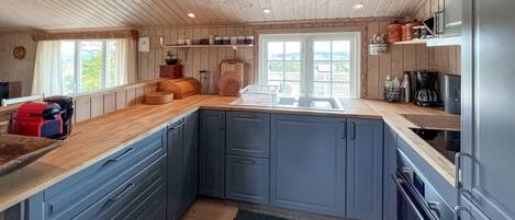 Kjøleskap, ovn, kokeplater og kaffetrakter/tekoker