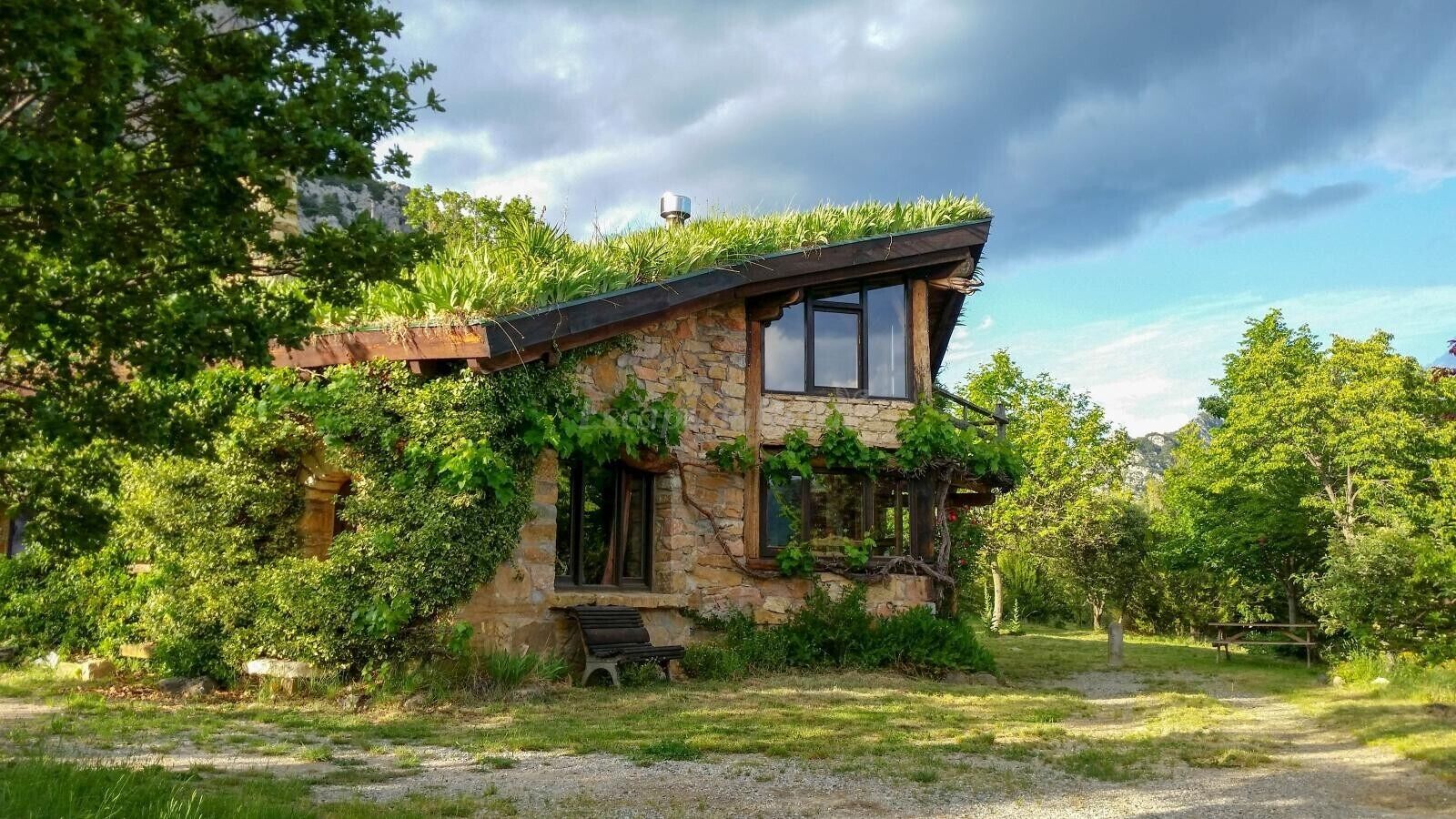Una casa de piedra con techo inclinado, muros cubiertos de hiedra y un banco al frente.