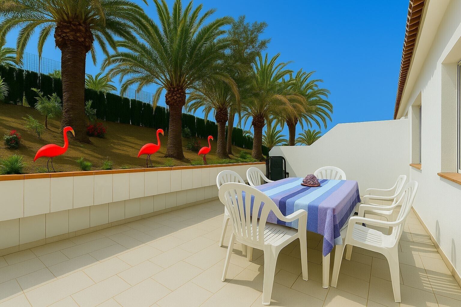 Een terras met een tafel en stoelen, palmbomen en flamingo's.