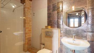Un bany amb una cabina de dutxa de vidre, un vàter blanc, un lavabo amb mirall i una paret combinada amb rajoles de maó i pedra.