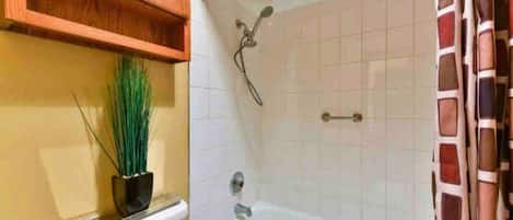 Hair dryer, towels, soap, shampoo