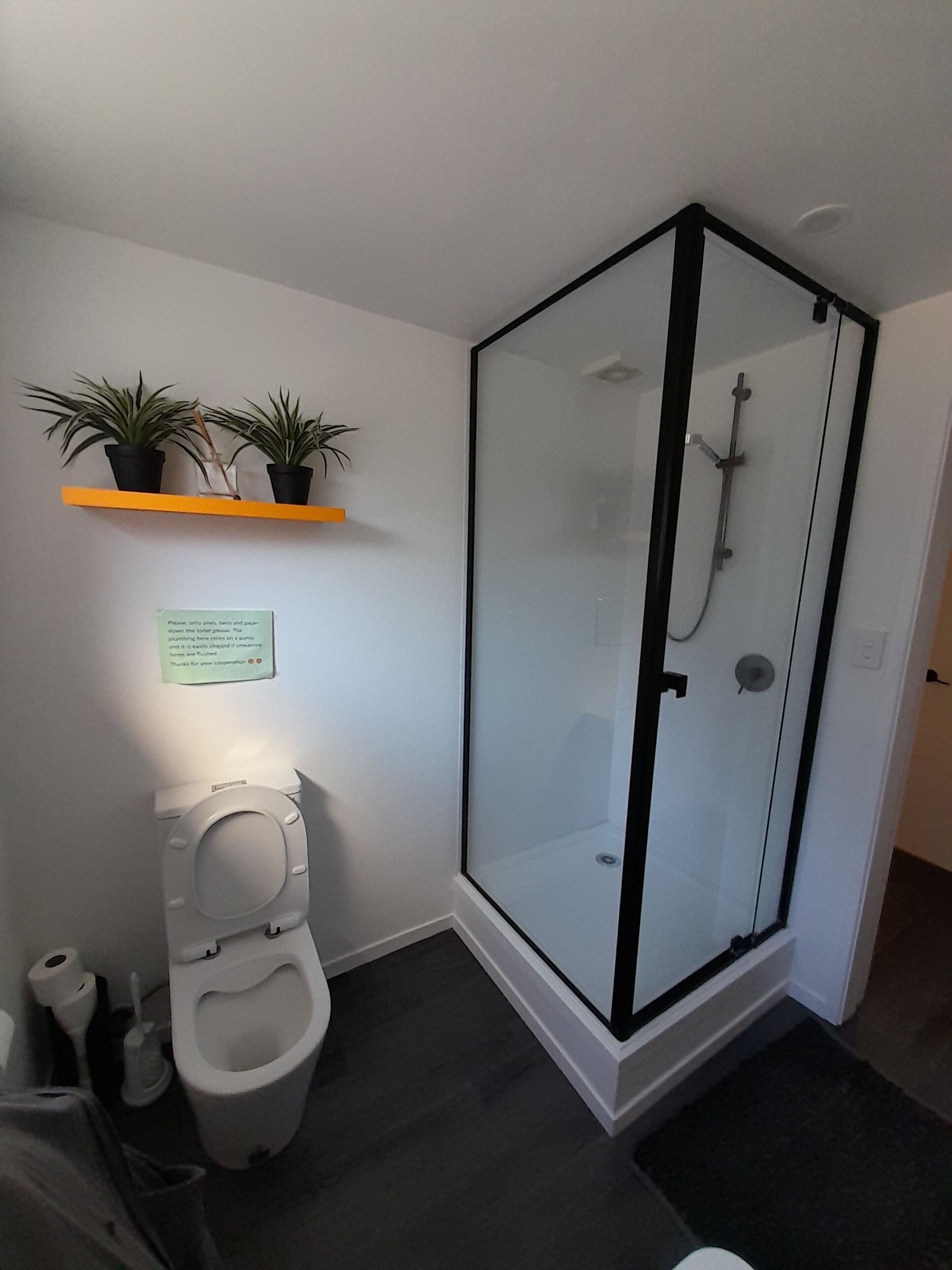 Een douche, een haardroger, handdoeken, zeep