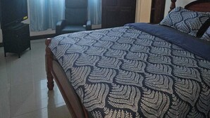 A bedroom with a bed, a chair, a desk, and a door.