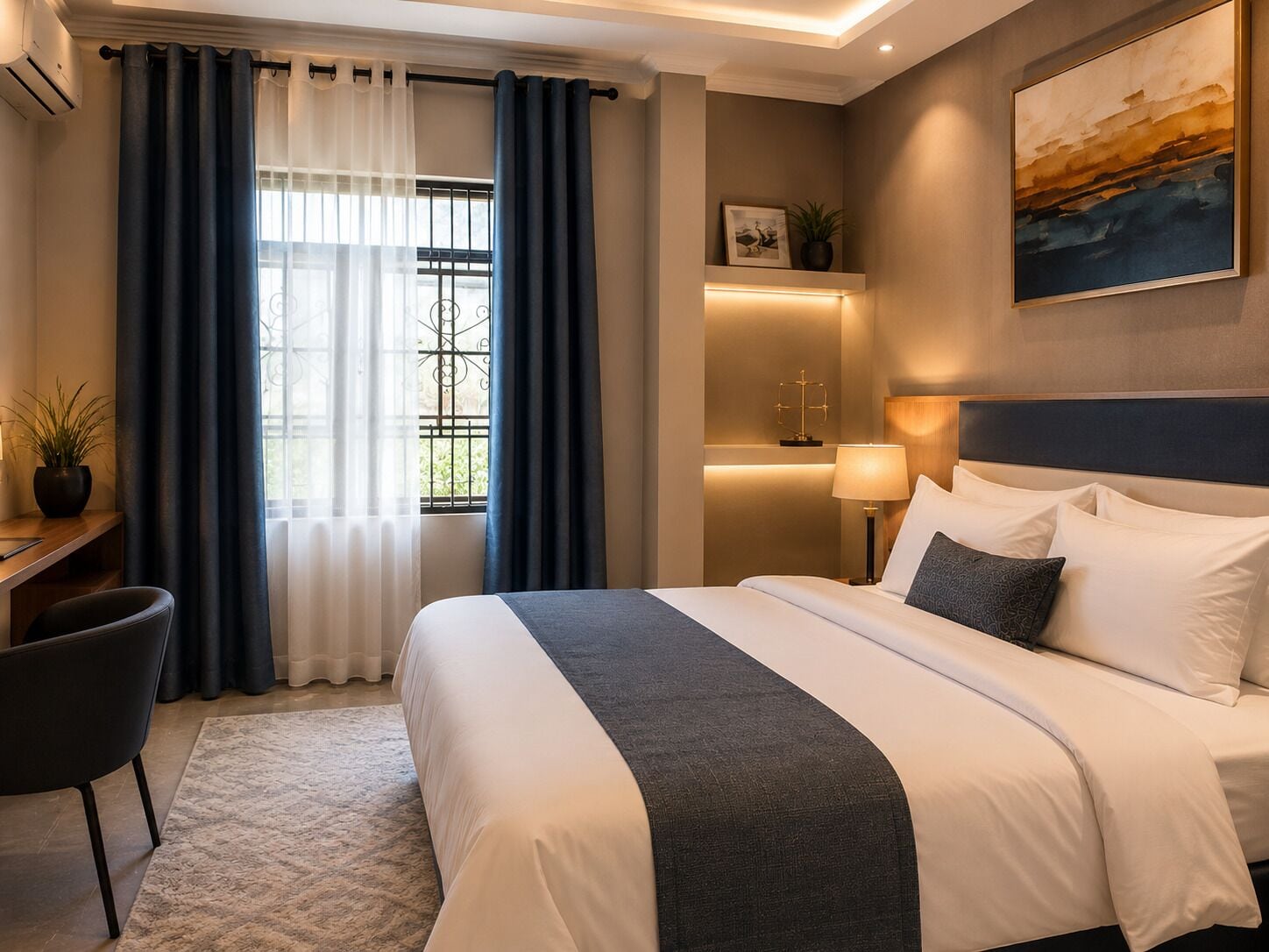 Premium bedding, down duvets, Select Comfort beds, blackout curtains