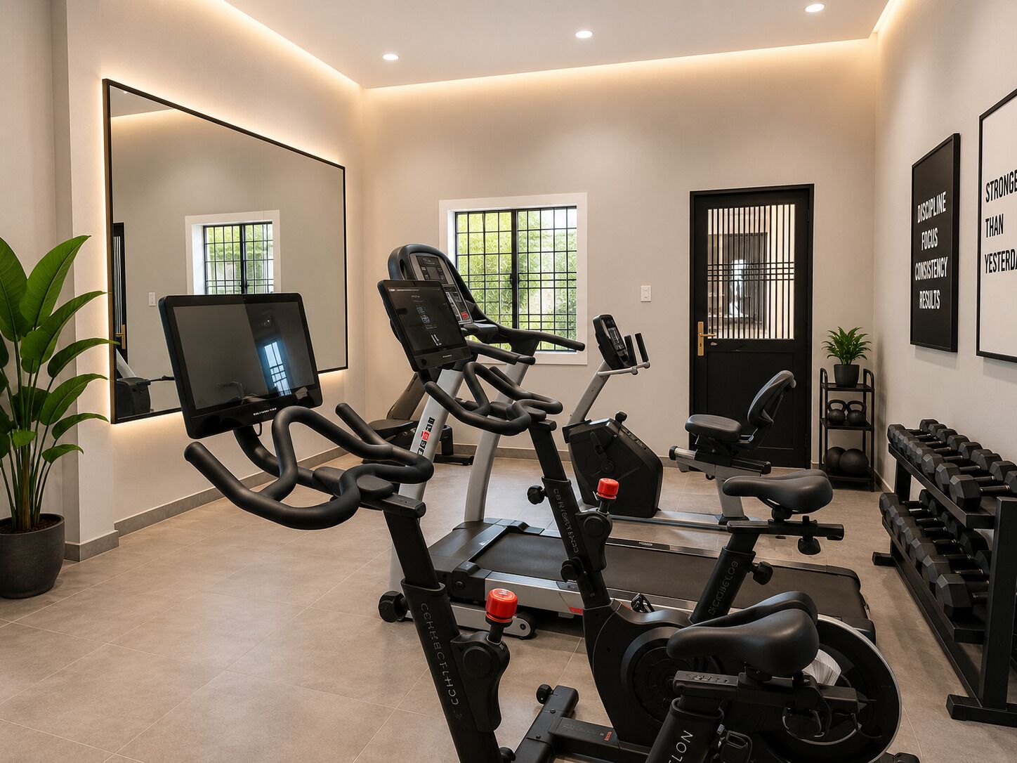 A gym with exercise equipment, a large mirror, and motivational posters.