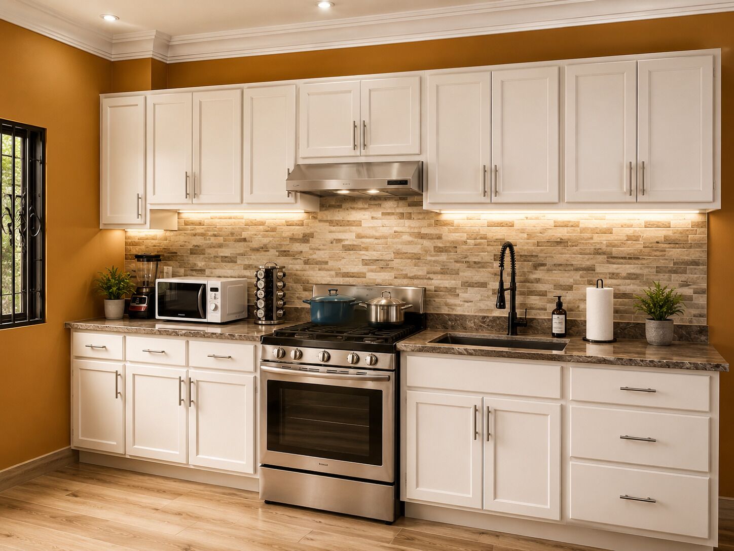 A modern kitchen with white cabinets, a stainless steel range, and a brick backsplash.
