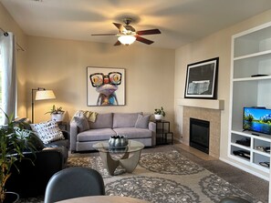 Smart TV, chimenea y libros 