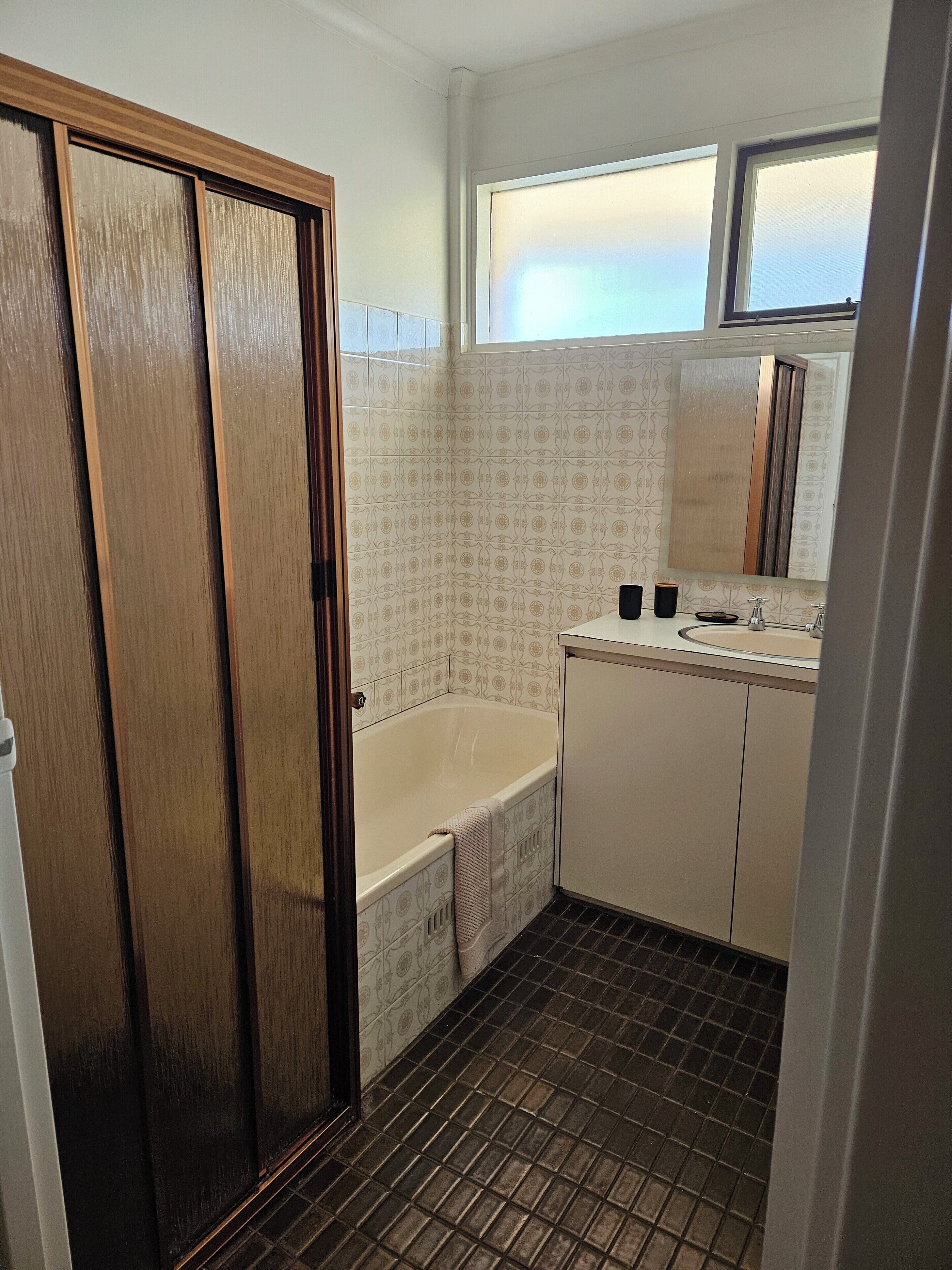 Hair dryer, towels, soap, toilet paper