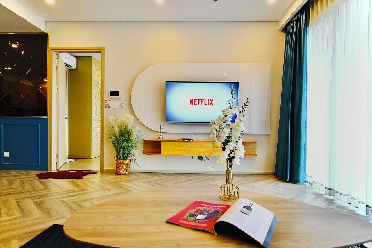 A modern living room with a flat-screen TV displaying 'NETFLIX', a wooden coffee table, a potted plant, and a magazine.