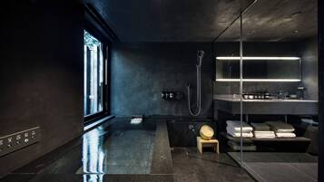 Hair dryer, slippers, towels, shampoo