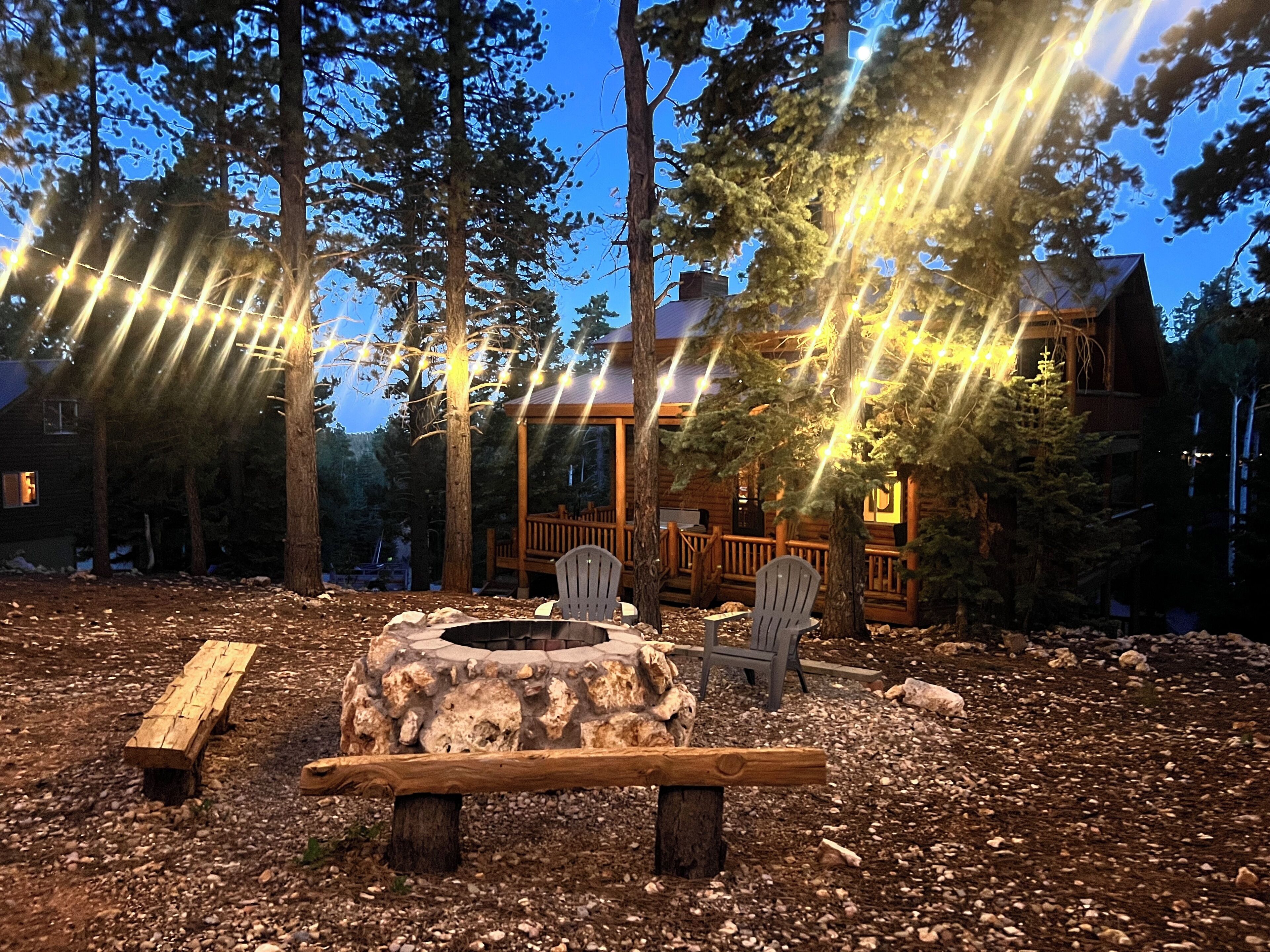 String lights over outdoor Fire Pit
